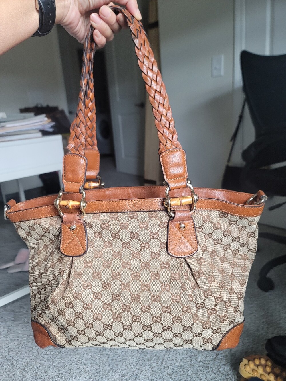 Gucci Bamboo Shoulder Tote Bag Brown Beige Leather Cloth.
